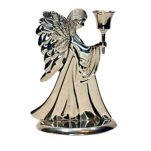 Vtg Sliver Tone Angel Candle Holder 7.5" Christmas Decor EUC Blue Felt Bottom